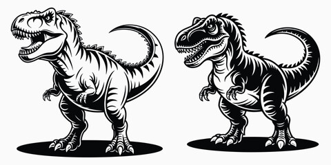 Tyrannosaurus Rex Vector Illustration, T-Rex Dinosaur Silhouette Bundle, Black And White Dinosaur With Sharp Teeth And Claws © MSTAKLIMA