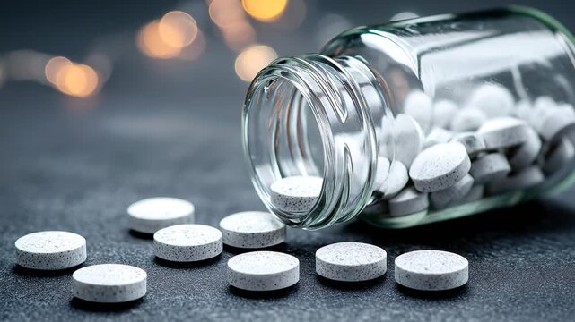 Clear glass pill bottle spills white pills on surface Generative AI