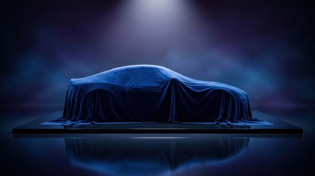 Car covered blue cloth sitting platform Luxury with purple fabric under neon studio lights
