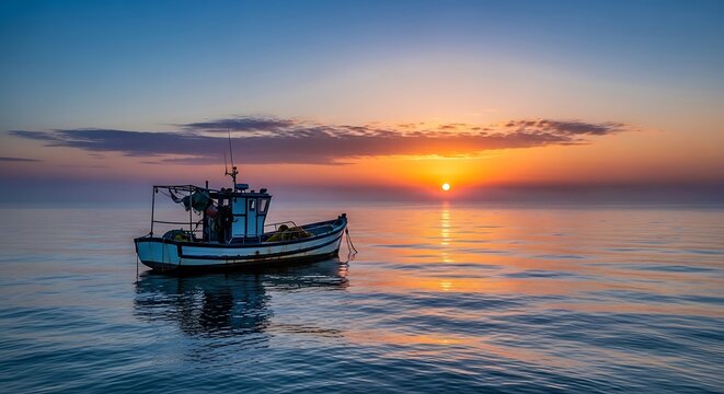Fishing boat at golden hour on calm water.
