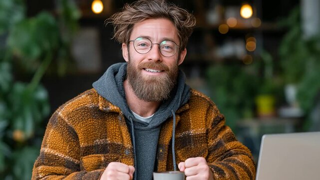 Facial expression changes from joy to excitement in cafe setting Generative AI