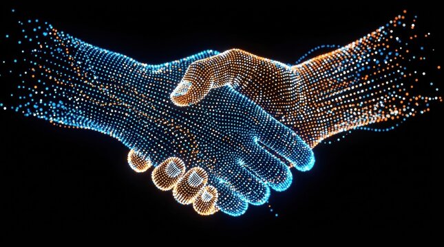Close-up pair hands shaking are made Two digitally rendered composed of glowing orange and blue