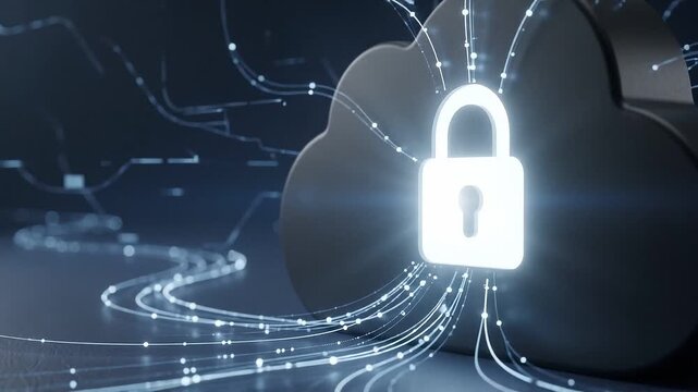 Cloud security concept featuring glowing lock icon on black and dark cloud shapes symbolizing data protection, privacy, and secure digital technology with dark background and soft light