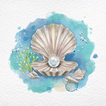Watercolor open seashell with a shiny pearl inside and underwater bubbles
