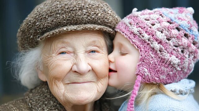 Granddaughter kisses grandma in heartwarming moment during family gathering Generative AI