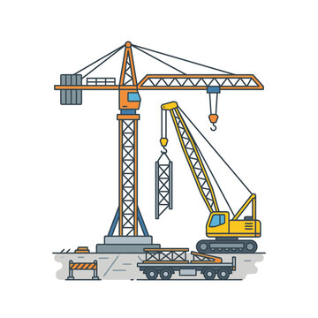 A yellow excavator with a snow blade attachment works under a crane on a construction site.