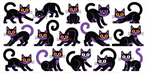 Fototapeta premium Collection of cute black cat in various poses, featuring purple accents and orange eyes on white background