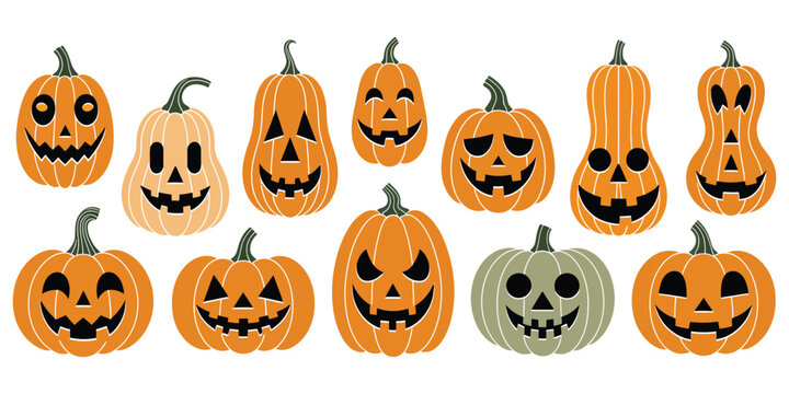 Collection of carved jack o lantern pumpkins with various funny and spooky facial expressions on a white background