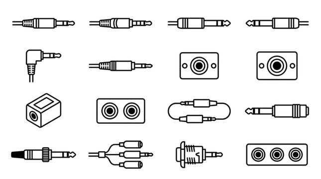 Audio Jack Plug and Socket Vector Icon Set Featuring Headphone Connectors AUX Ports Stereo Jacks and Electronic Sound Interface Symbols