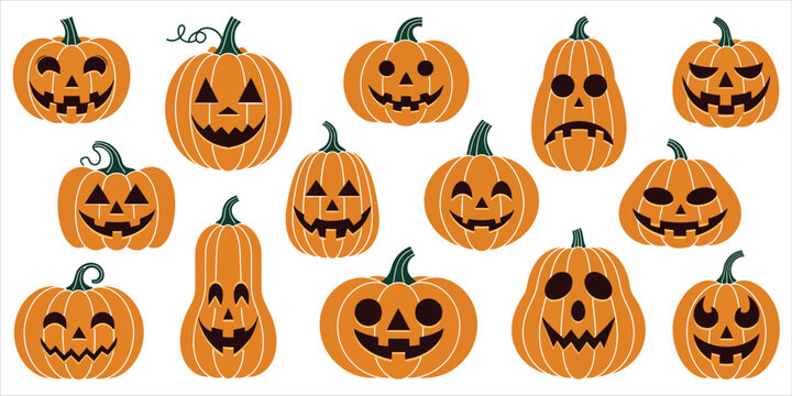 Assorted collection of fourteen carved jack o lantern pumpkin characters with various spooky faces on a white background
