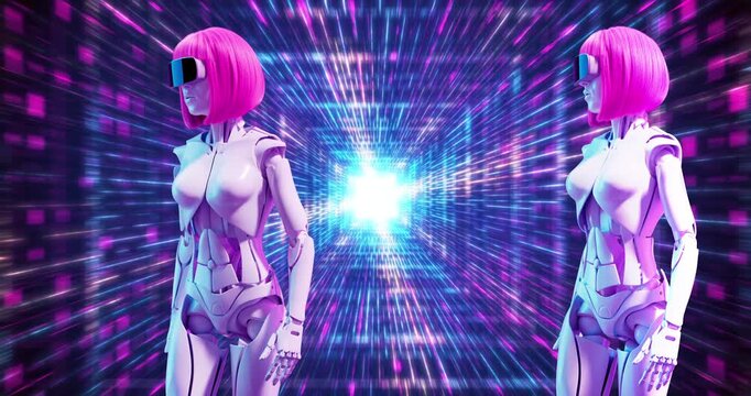 Futuristic 3D animation of two identical female androids with pink hair and VR visors walking through a glowing neon data tunnel.