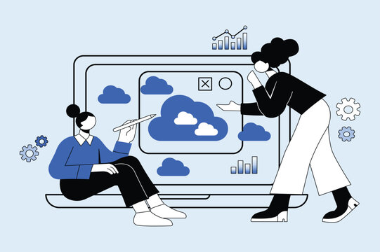 Cloud Technology Dashboard and Teamwork Flat Vector Illustration. Modern flat illustration of business people working with cloud computing technology dashboard. Digital teamwork concept featuring onli
