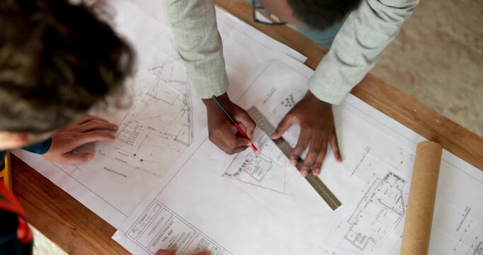 Architecture, team and hands with blueprint for planning, design update and ruler for accuracy. Above, men and floorplan at worksite for engineering, explain infrastructure and compliance sketch