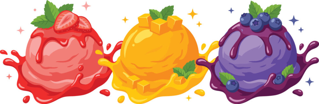 Fruit ice cream scoops with liquid splashes, strawberry mango and blueberry gelato set, colorful summer dessert vector illustration