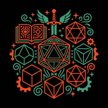Stylized graphic illustration of polyhedral dice and a sword