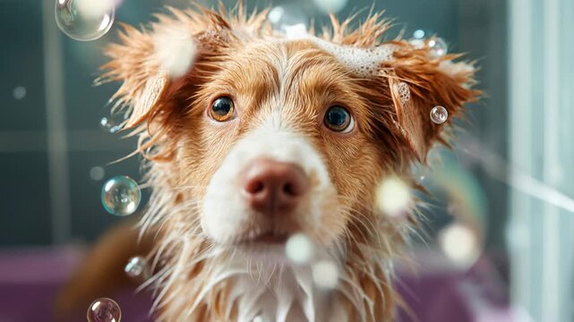 Dog plays with bubbles in bathroom during bath time fun Generative AI