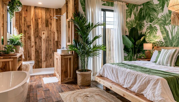 Modern tropical bedroom interior with ensuite bathroom and lush greenery