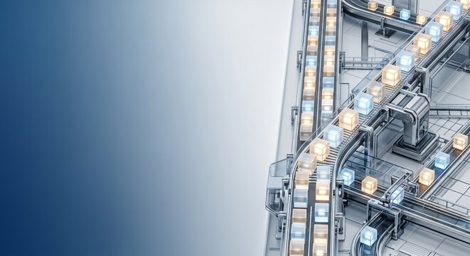 Automated conveyor belt system with robotic arm sorting glowing data cubes on factory floor with copy space