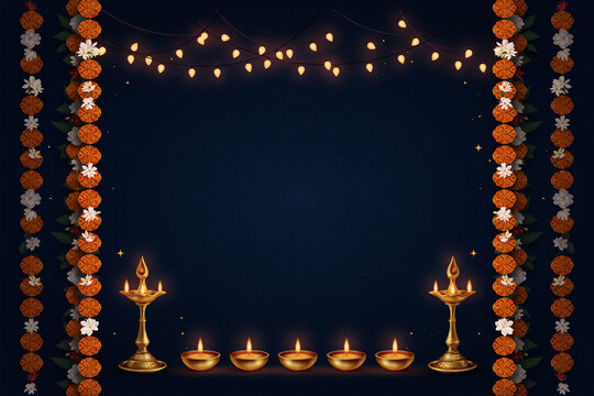 Diwali festival background with burning diya oil lamps, orange marigold flower garlands and fairy lights on dark blue, festive hindu celebration frame