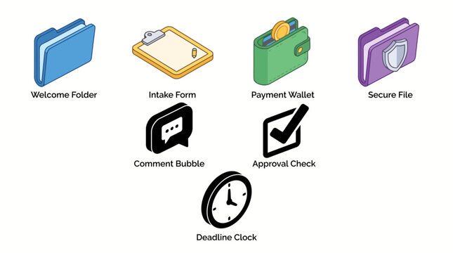 Office essentials: folder, form, wallet, file, comment, check, clock icons
