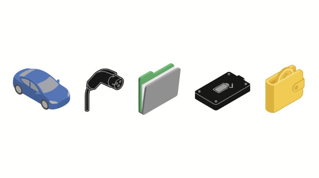 Electric car, charging cable, file folder, hard drive, wallet icons in isometric design