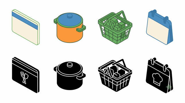 Colorful and monochrome kitchen icons: cooking, pot, basket, calendar illustrations
