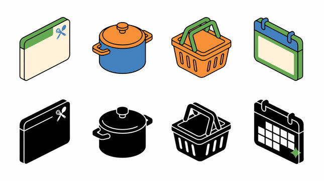 Colorful and minimalistic icon set of kitchen and shopping essentials