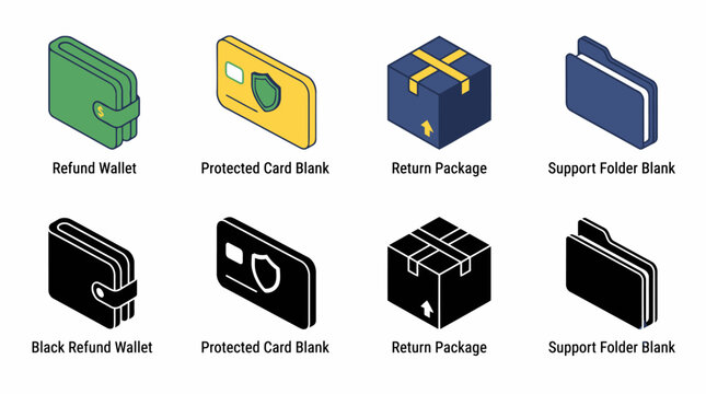 Icon set for wallets, cards, packages, and folders with security features