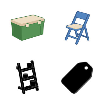 Set of household objects: cooler, chair, shelf, tag illustrations