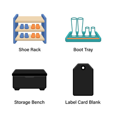 Shoe rack, boot tray, storage bench, label card blank icons for organization