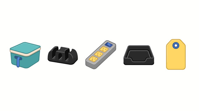 Collection of household items: lunchbox, cable organizer, power strip, tray, tag