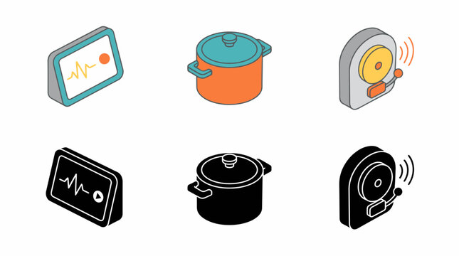 Isometric smart devices and kitchen appliances set in color and silhouette