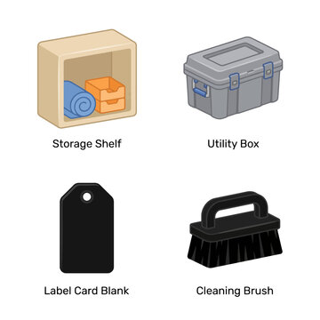 Storage shelf, utility box, label card, cleaning brush icons set