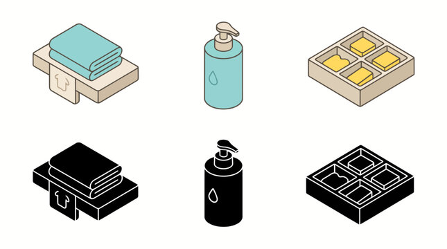 Isometric and silhouette bathroom essentials: towels, soap dispenser, soap bars