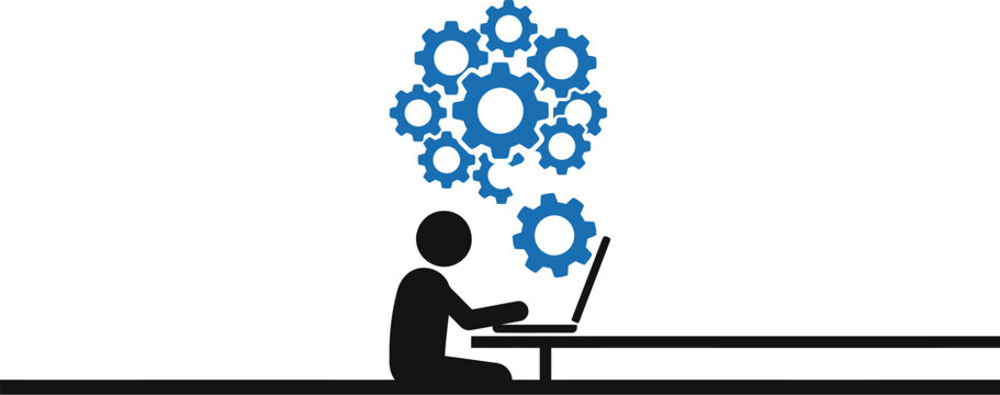 Businessman working on laptop, gears and cogs above head, thinking, problem solving, workflow optimization