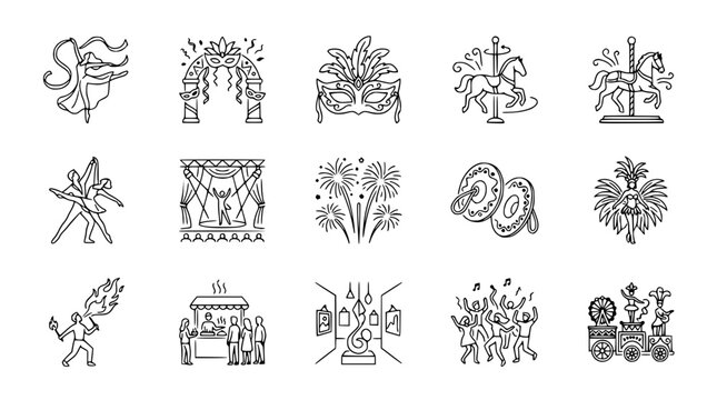 Carnival Icons: Celebration, Festival, Party, Music, Art, Amusement Icons Set