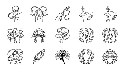 Fototapeta premium Elegant Line Art Icons: Dancers, Feathers, Ribbons, and Abstract Flourishes
