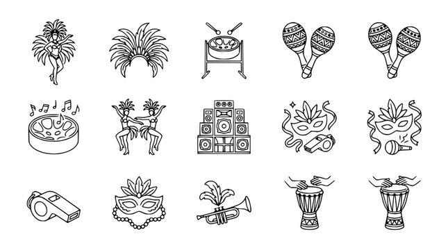 Carnival Icons: Dancer, Feathered Headdress, Drums, Maracas, Music, Masks, Trumpet