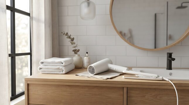 White Hair Dryer and Hair Straightener on Wooden Vanity in Modern Bathroom