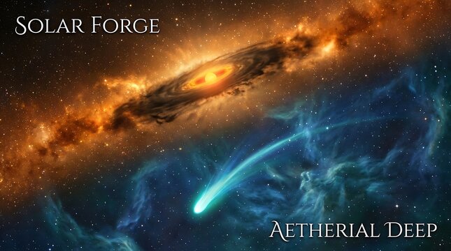 Spectacular cosmic event showing a fiery solar forge accretion disk and a bright glowing comet in the deep ethereal nebula