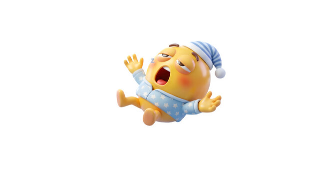 Cartoon baby, shocked face, blue outfit, sleep cap, surprised expression