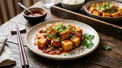 Fototapeta premium Plate Asian-style tofu dish is Mapo and Sichuan served with spicy chili