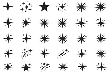 Minimalist black line art vector icon set of various stars and sparkles, elegant designs including simple stars, twinkling stars with dots, burst stars, shooting stars with trails, solid filled stars, © Top