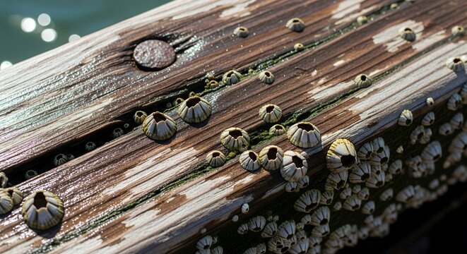 Close-up of barnacles clinging to weathered wood, showcasing marine life and texture.