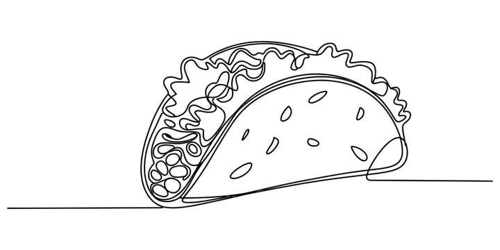 Continuous single line drawing of a tasty taco snack with lettuce and meat filling