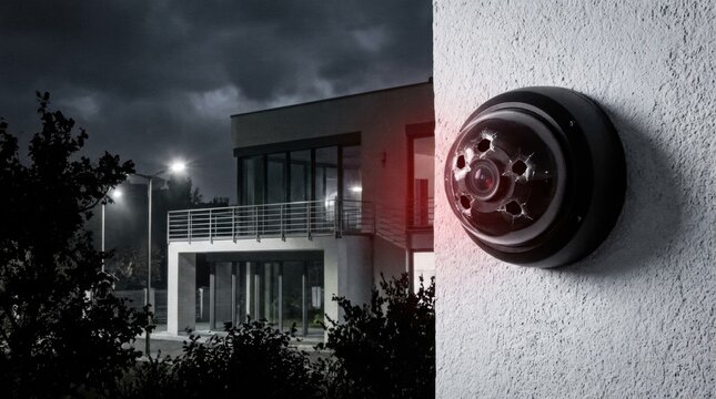 Security camera mounted side building is Smart monitoring modern home exterior with night vision