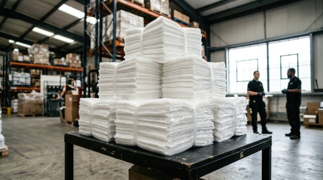 Stack four stacks white plastic bags of seized drug packages on table with blurred police