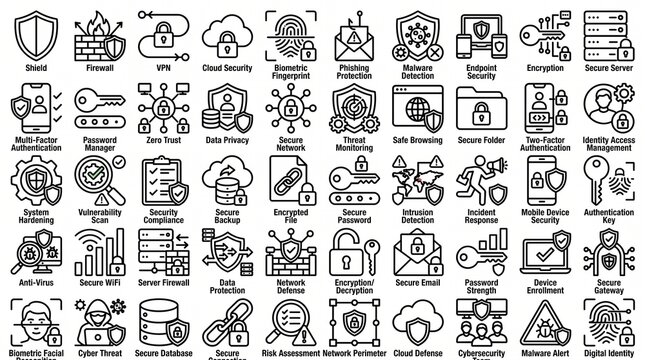 Cyber Security Outline Icons Set for Network Protection, Data Privacy and Secure Access