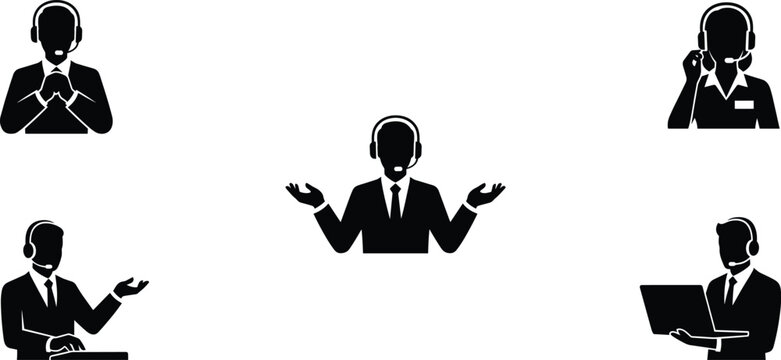 Customer service agents and call center operator icons set isolated on white background