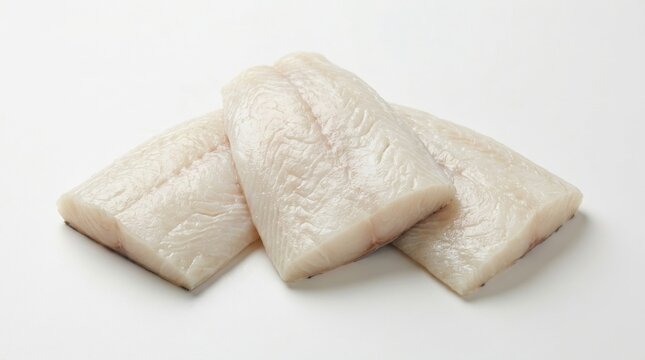 Three pieces raw fish fillets white cod loin on background